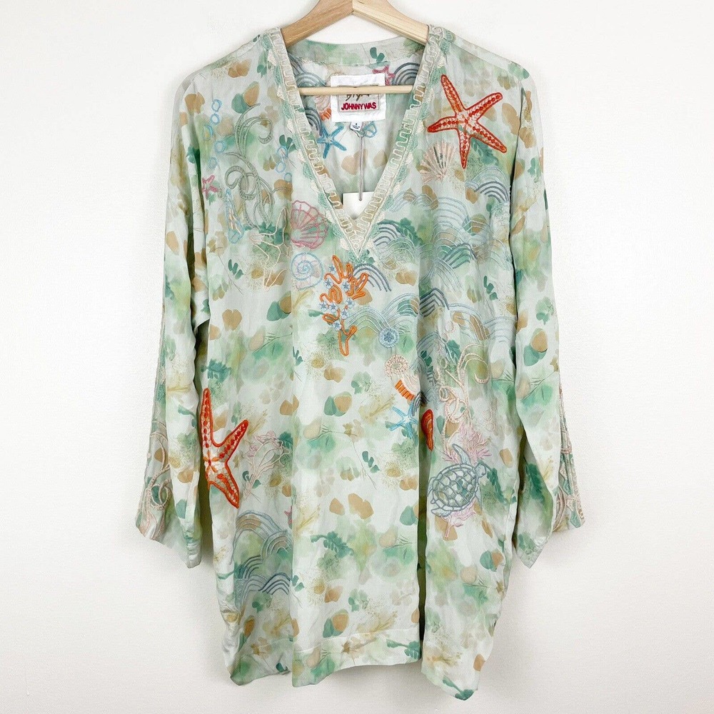 Johnny Was Myrtle Silk Blouse Tunic Sea Turtle Shell Embroidered Size Small NWT